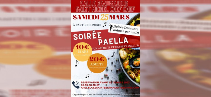 soirée paella, soirée dansante, ste bernadette, st michel,tharon, ape ste berandette