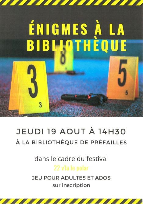 Affiche animation Énigmes à la bibliothèque, prefailles, bibliothèque, énigme, festival polar, destination pornic, 