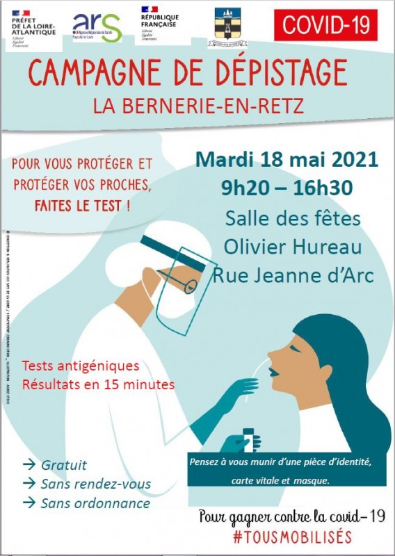CAMPAGNE DE DEPISTAGE COVID-19, ars, la bernerie-en-retz, destination pornicprotéger, dépister, test antigénique