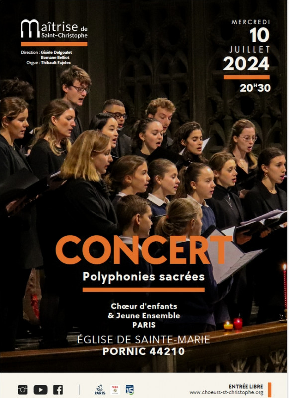 Concert: polyphonies sacrées Pornic Maîtrise de Saint-Christophe de Javel  orgue Thibault Fajoles  Gisèle Delgoulet  Romane Belliot. 