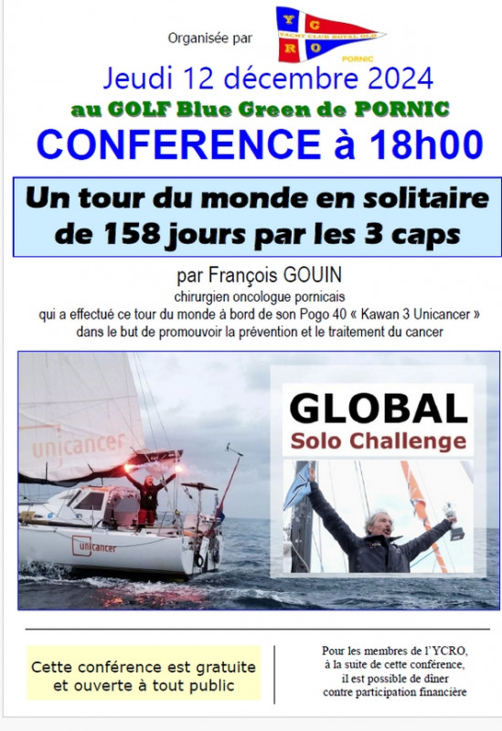 Conférence : tour du monde en solitaire de 158 jours par les 3 caps  Pornic