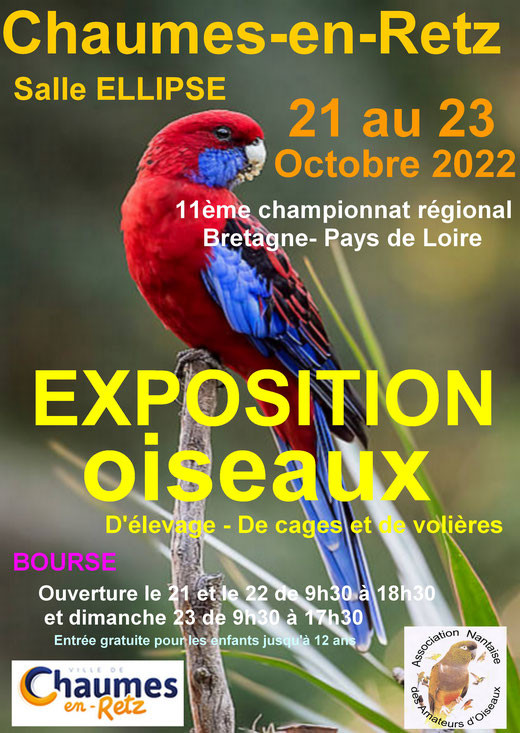 exposition d'oiseaux exotiques, d'élévage de cages et de volières, bourse oiseaux, animation enfant, championnat régional bretagne pays de la loire, chaumes en retz, chéméré, destination pornic