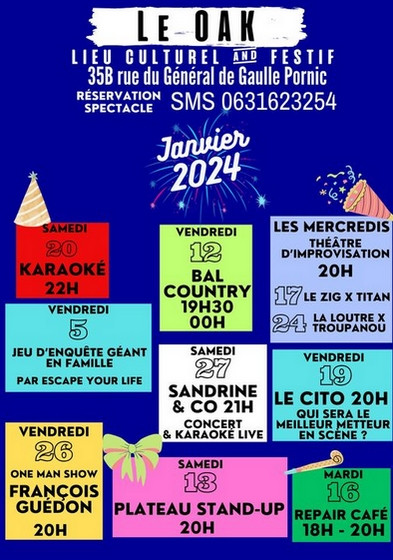 Programmation Bar Oak Janvier Pornic  Sandrine and Co Concert and karaoké live au Oak Bar