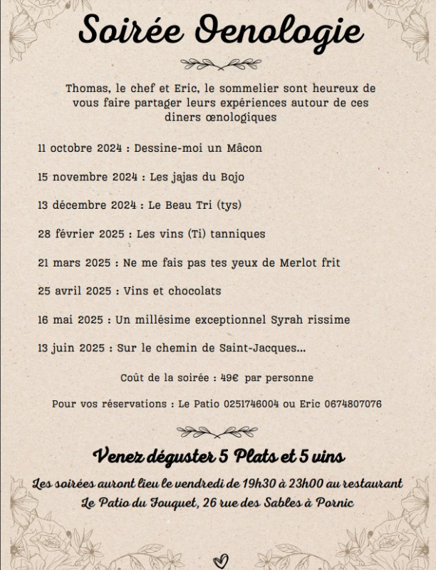 Soirée oenologie au Patio du Fouquet pornic