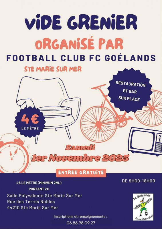 Vide grenier à Sainte Marie sur mer par le FC Goélands salle polyvalente